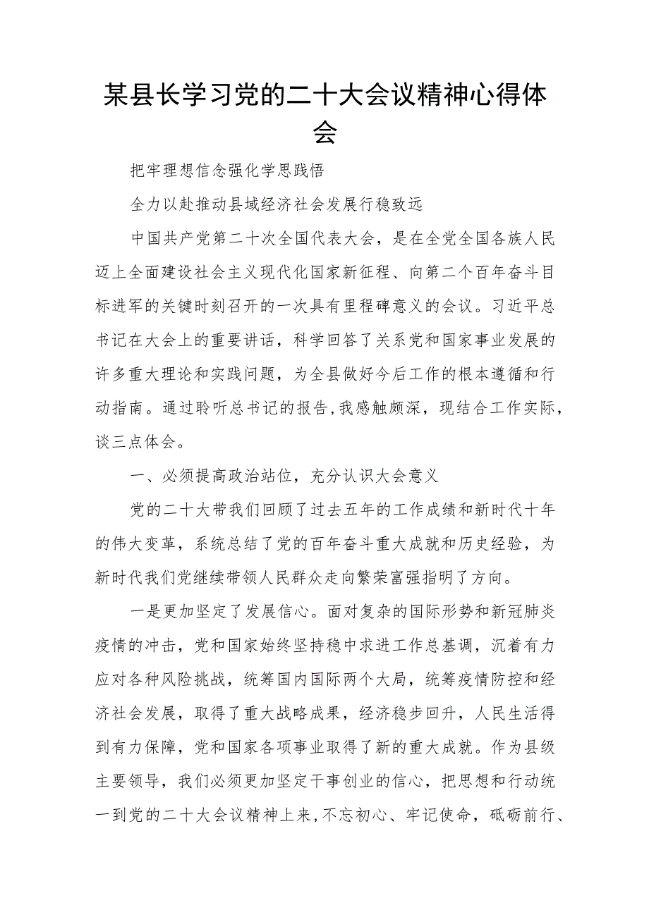 某县长学习党的二十大会议精神心得体会.docx_第1页