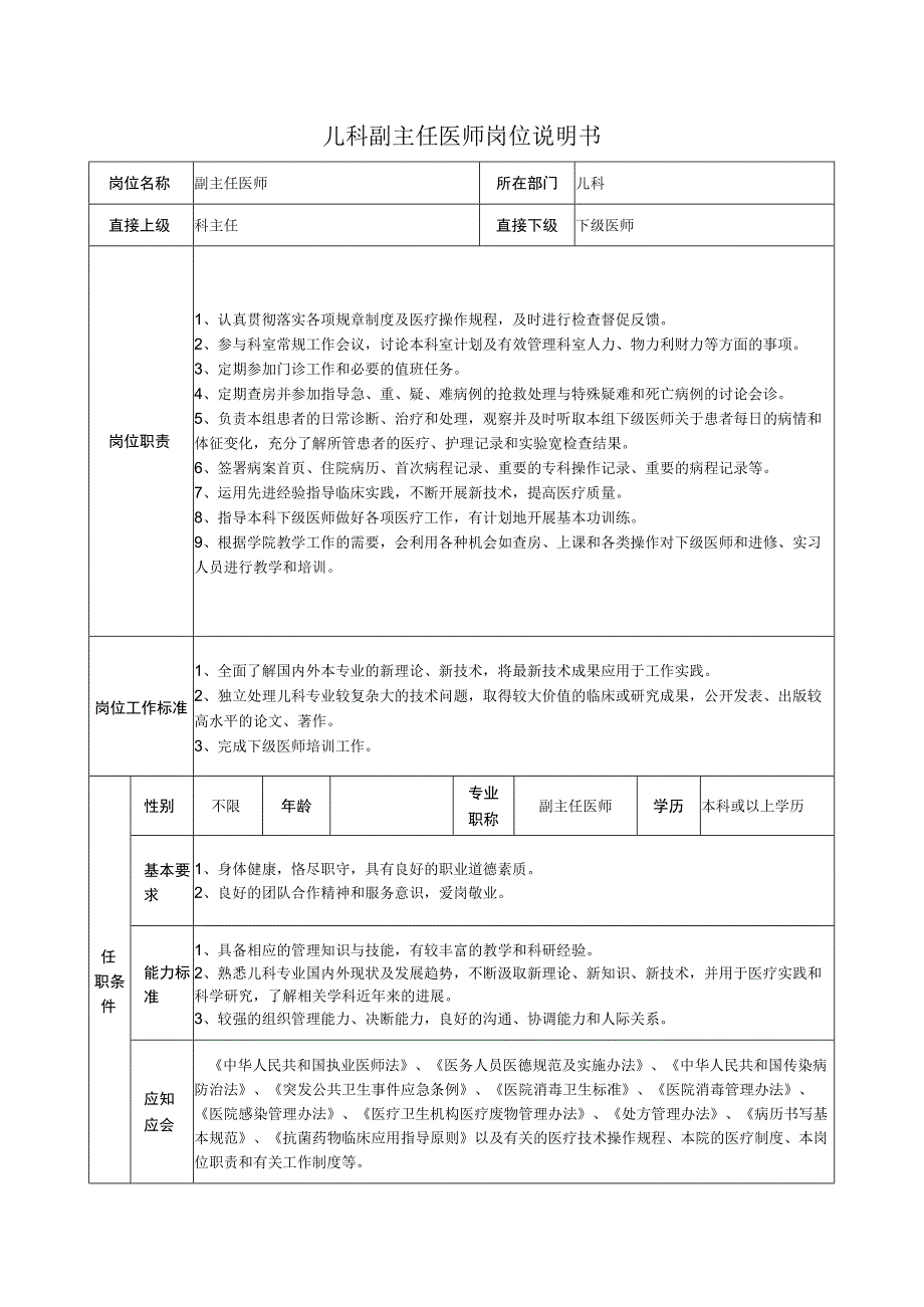 儿科副主任医师岗位说明书.docx_第1页