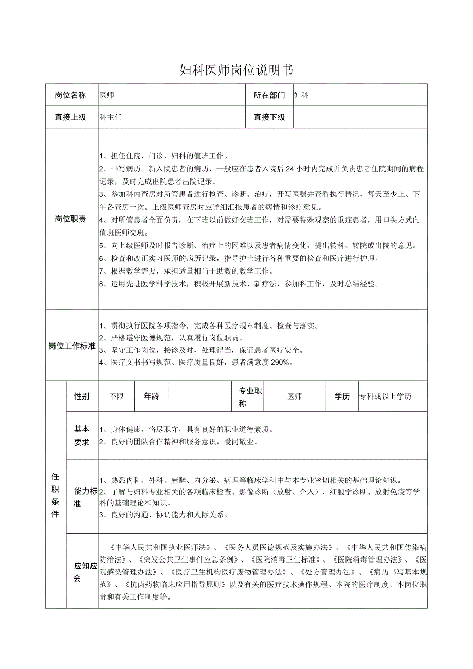 妇科医师岗位说明书.docx_第1页