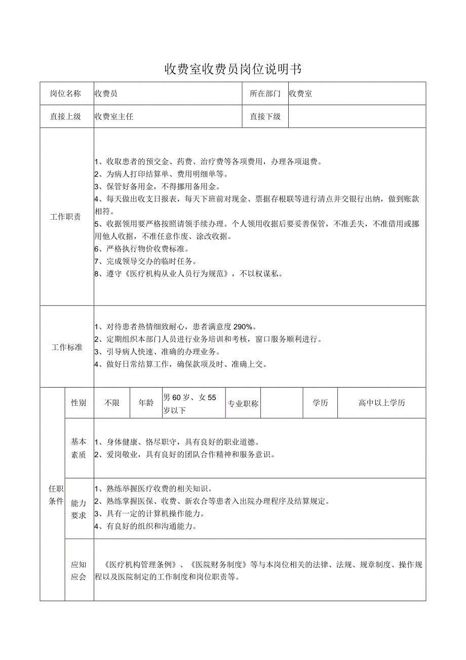 收费室收费员岗位说明书.docx_第1页