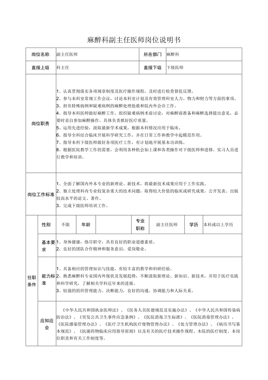 麻醉科副主任医师岗位说明书.docx_第1页