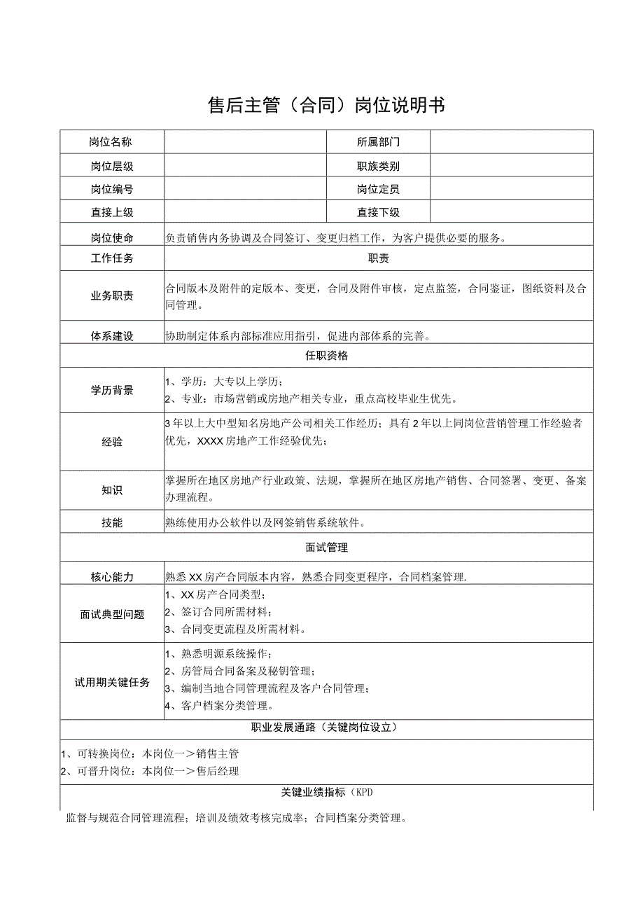 售后主管（合同）岗位说明书.docx_第1页