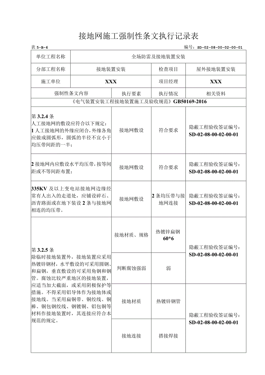08-02-01站内主接地网安装强制性条文执行记录表(5-B-6).docx_第1页