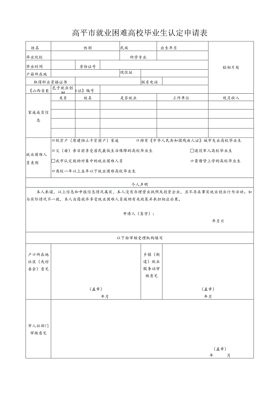 高平市就业困难高校毕业生认定申请表.docx_第1页