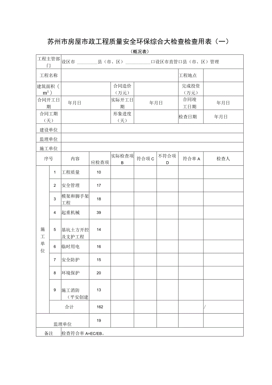 苏州市房屋市政工程质量安全环保综合大检查检查用表一.docx_第1页