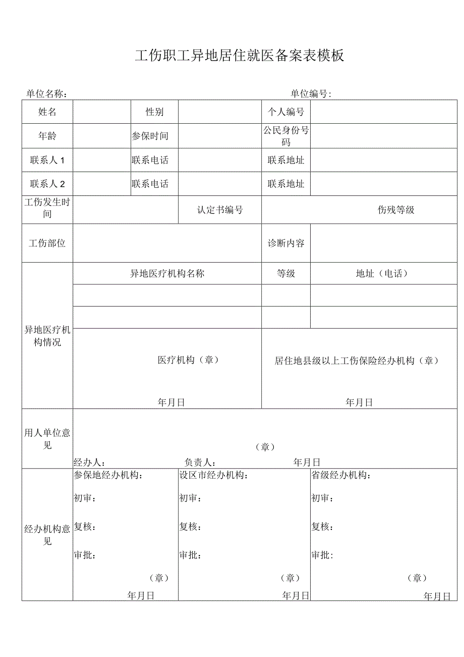 工伤职工异地居住就医备案表模板.docx_第1页