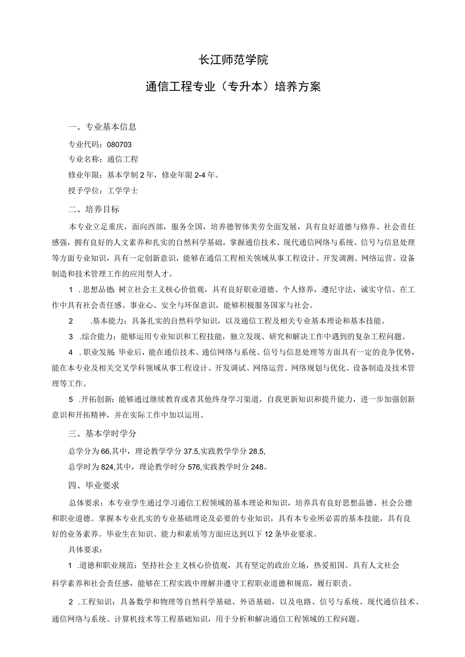 长江师范学院通信工程专业专升本培养方案.docx_第1页