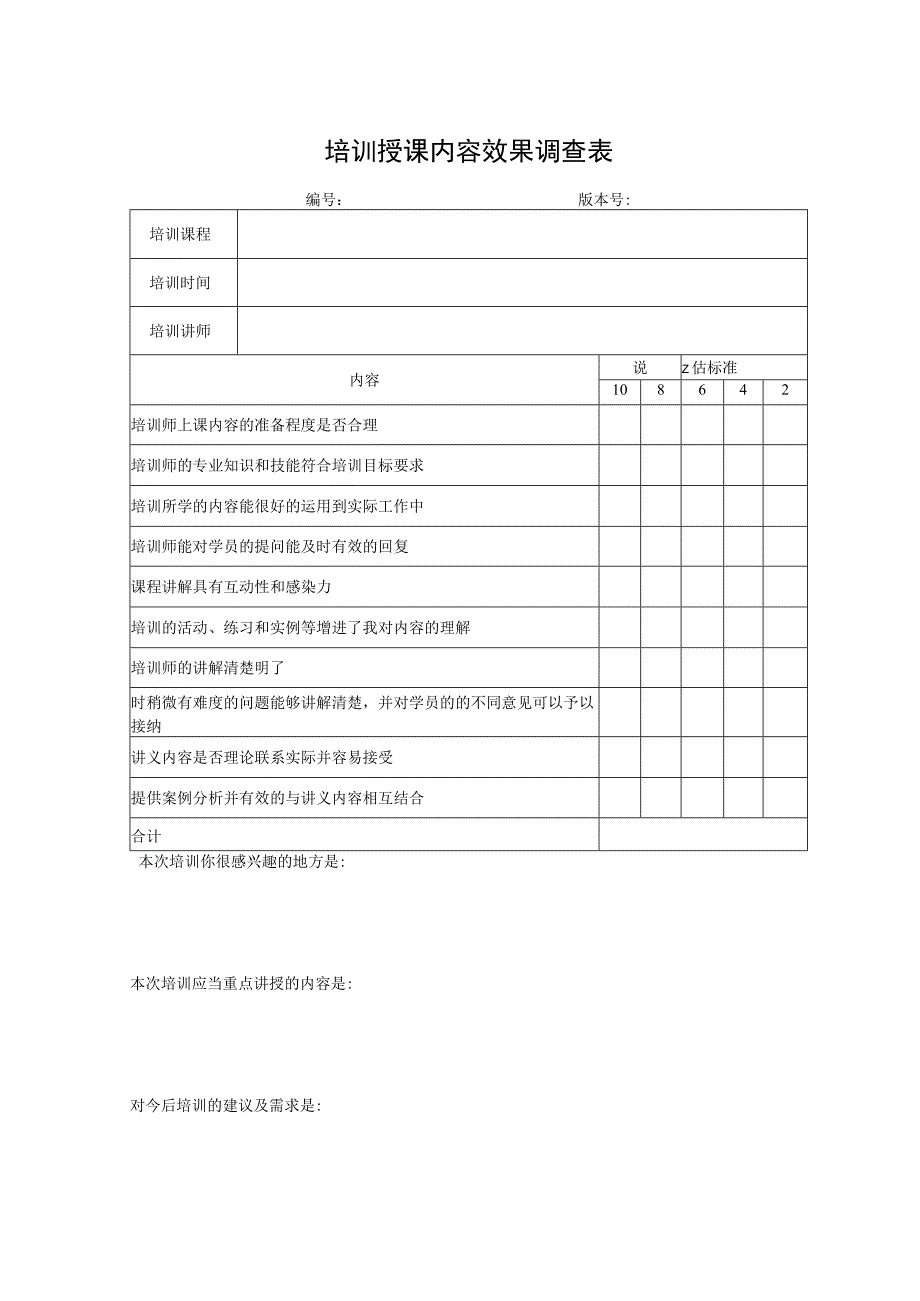 培训授课内容效果调查表.docx_第1页