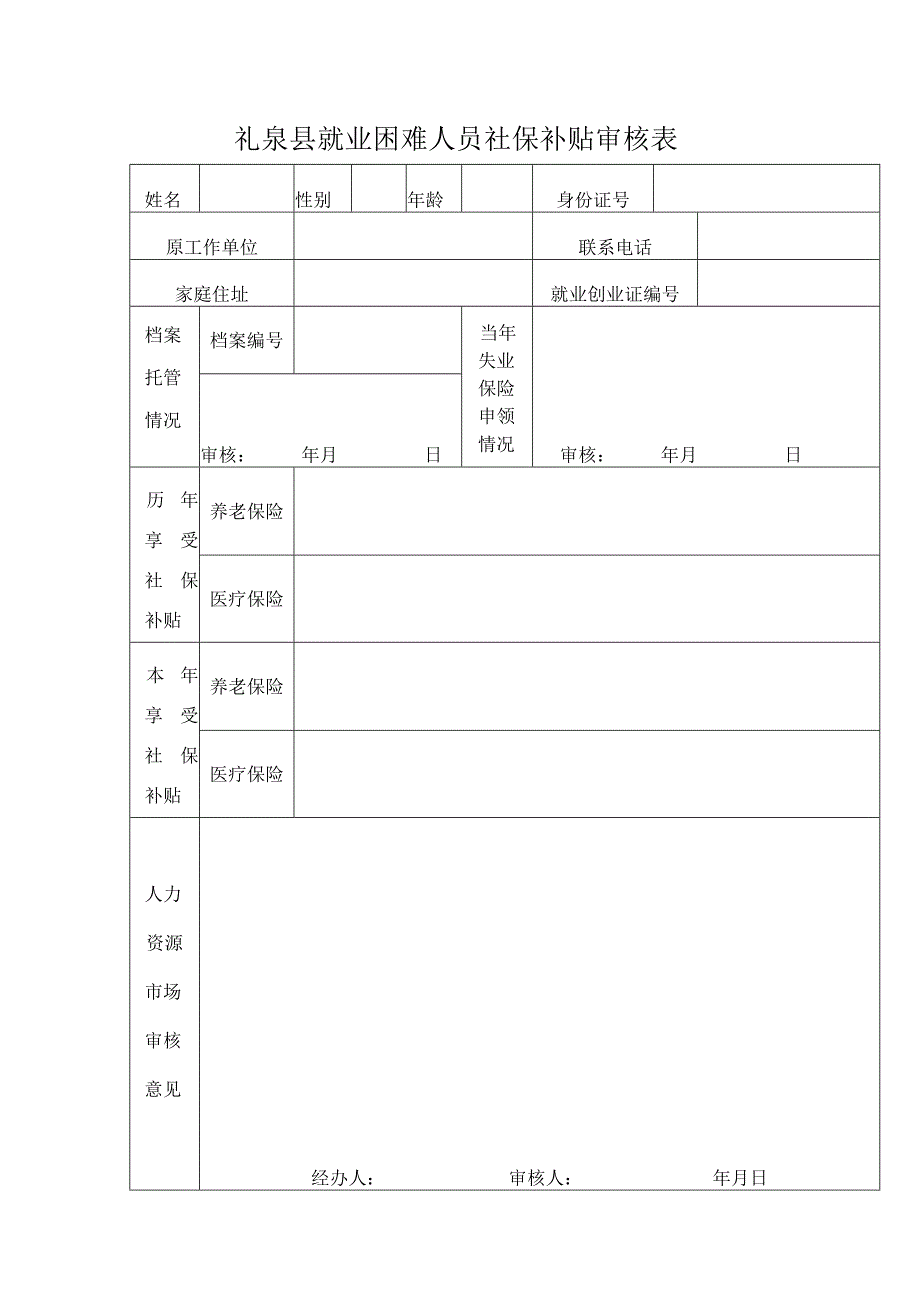 礼泉县就业困难人员社保补贴审核表.docx_第1页