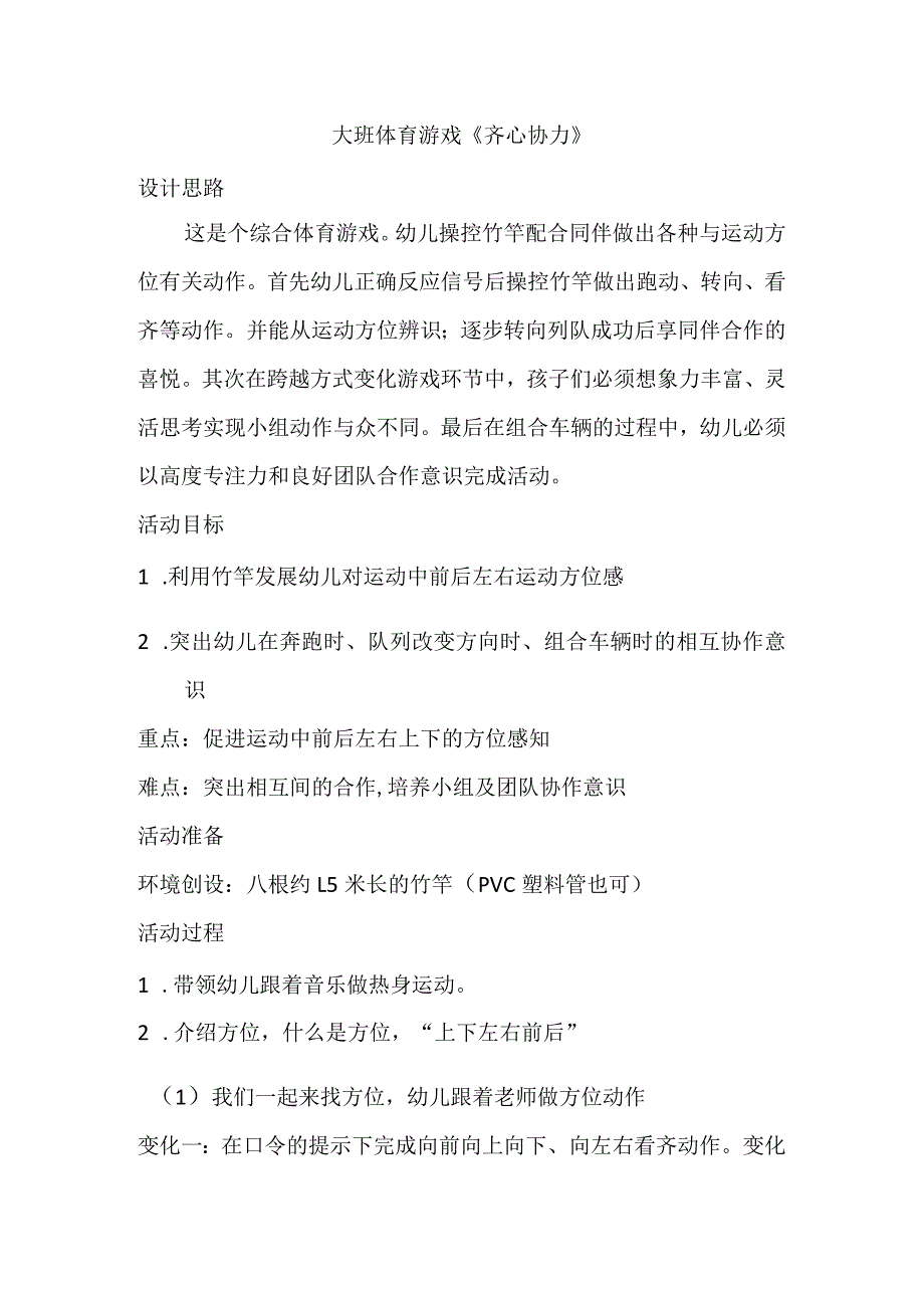 幼儿园优质公开课：大班体育游戏《齐心协力》教案+反思.docx_第1页