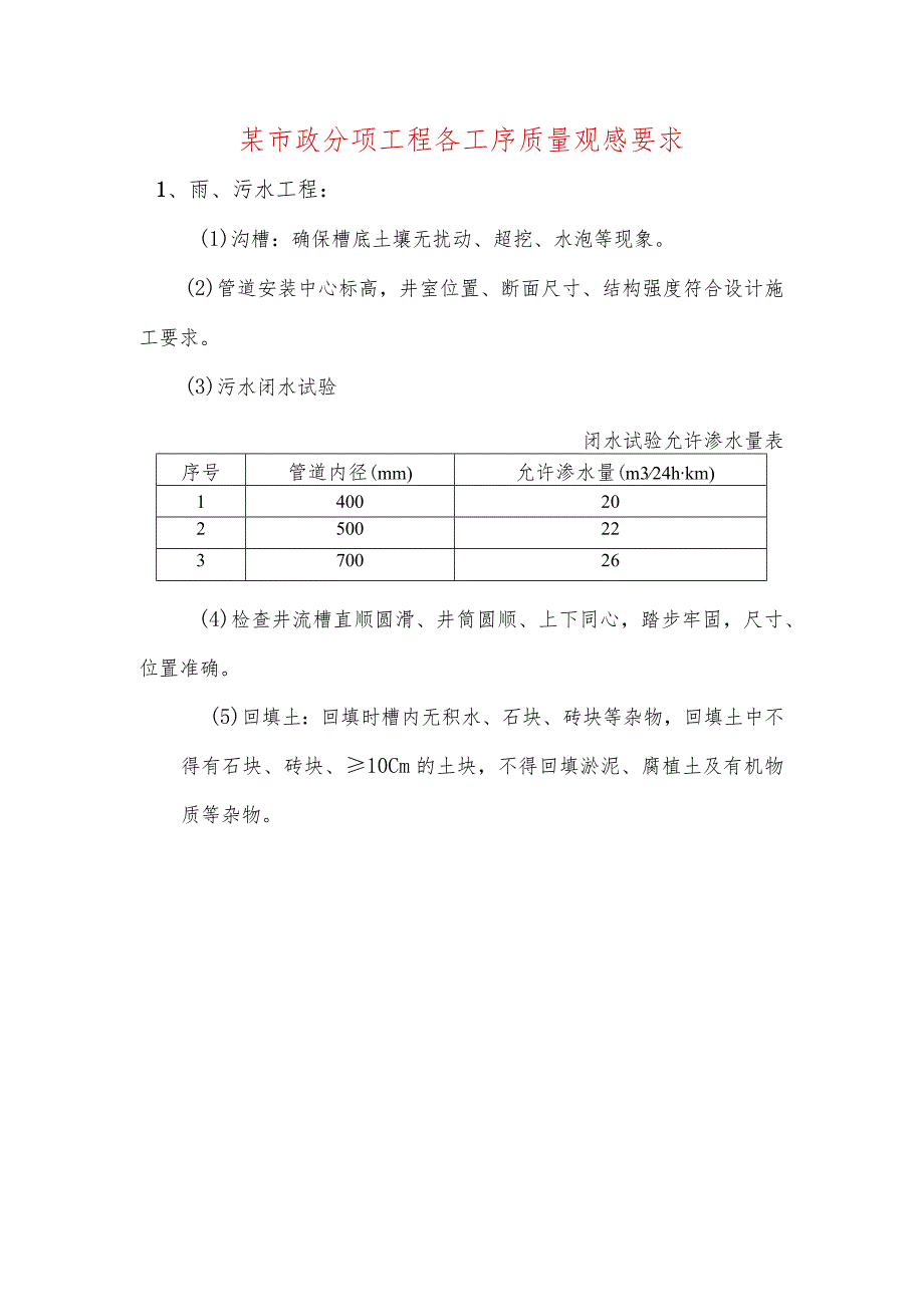 某市政分项工程各工序质量观感要求.docx_第1页