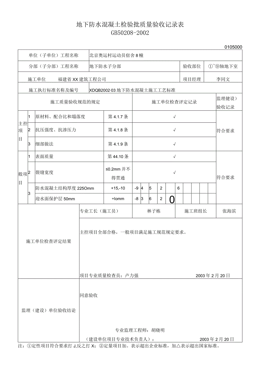 地下防水混凝土检验批质量验收记录表.docx_第1页