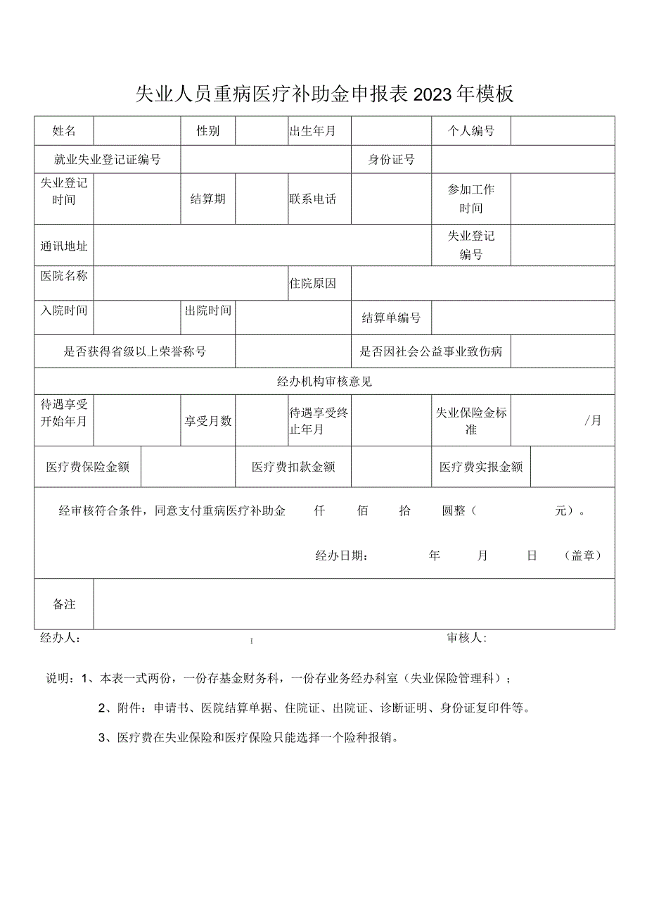 失业人员重病医疗补助金申报表2023年模板.docx_第1页