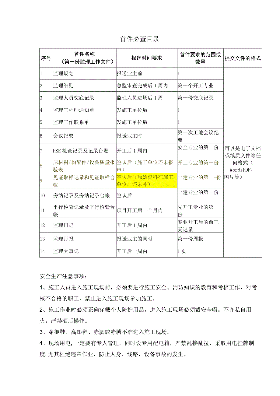 施工项目部表4 首件必检目录.docx_第1页