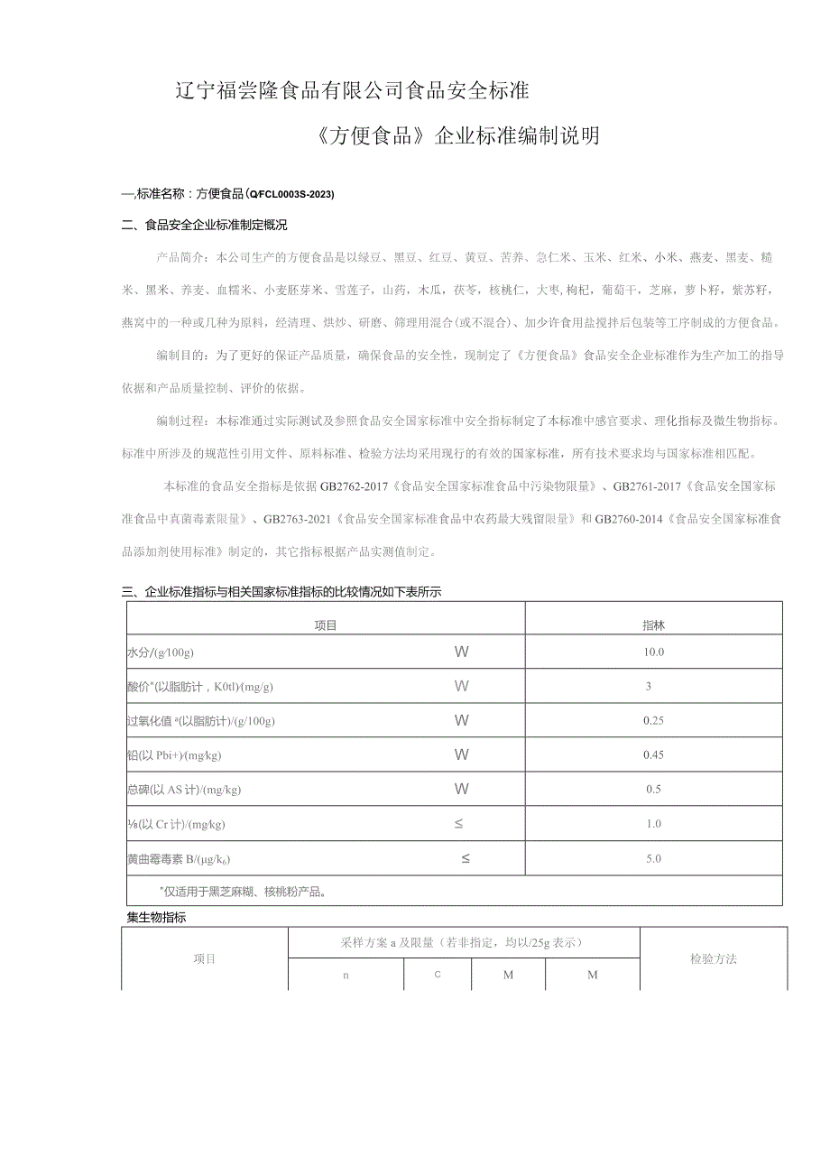 辽宁福尝隆食品有限公司食品安全标准《方便食品》企业标准编制说明.docx_第1页