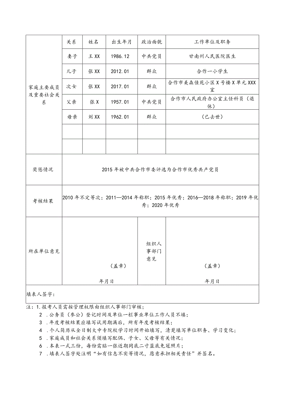 甘南州2021年度州直机关事业单位公开遴选和公开选调工作人员报名表样表.docx_第2页