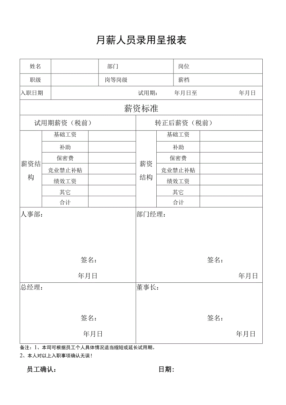 月薪人员录用呈报表.docx_第1页