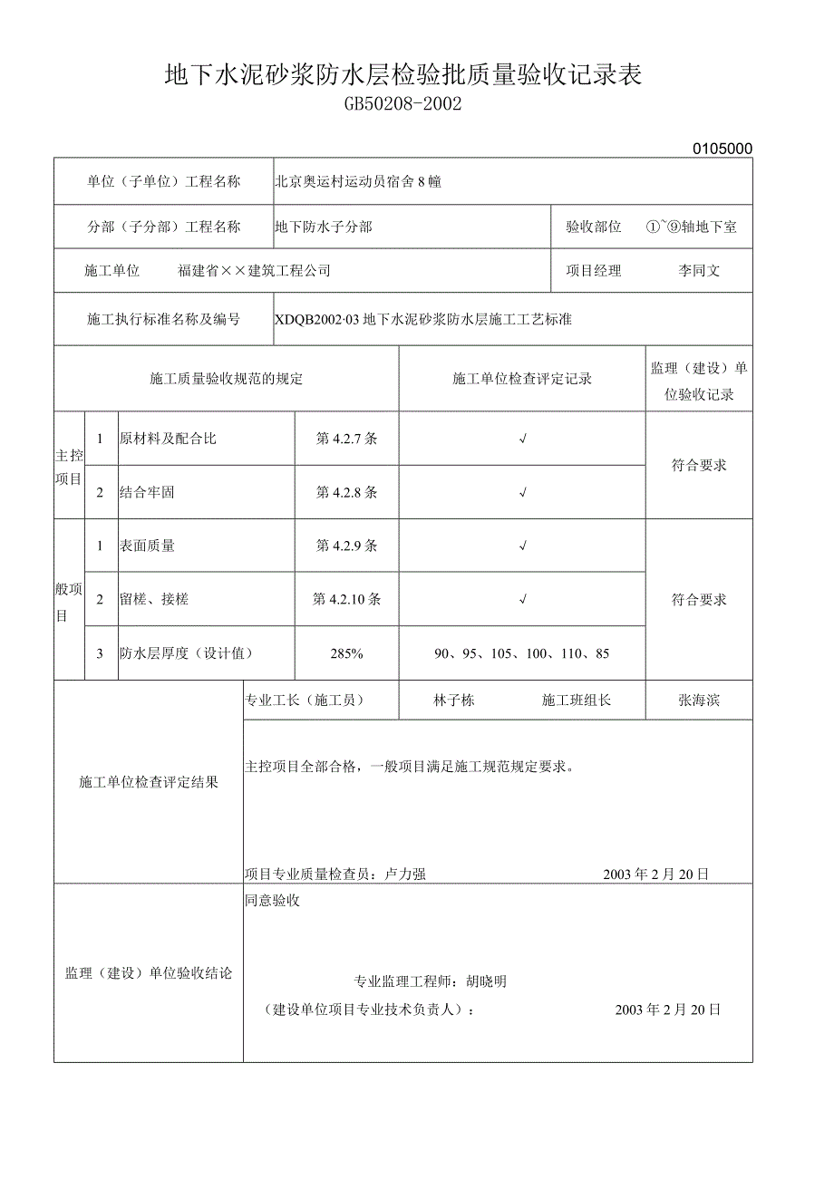 地下水泥砂浆防水层检验批质量验收记录表.docx_第1页