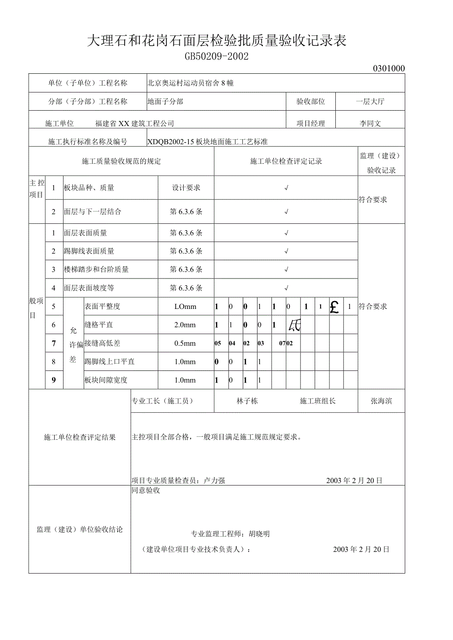 大理石和花岗石面层检验批质量验收记录表.docx_第1页