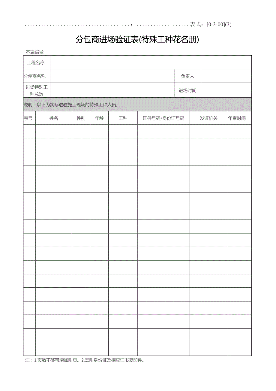 分包商进场验证表特殊工种花名册.docx_第1页