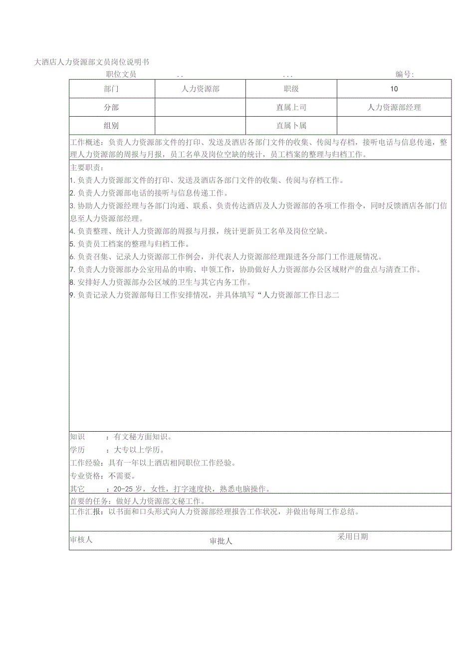 大酒店人力资源部文员岗位说明书.docx_第1页