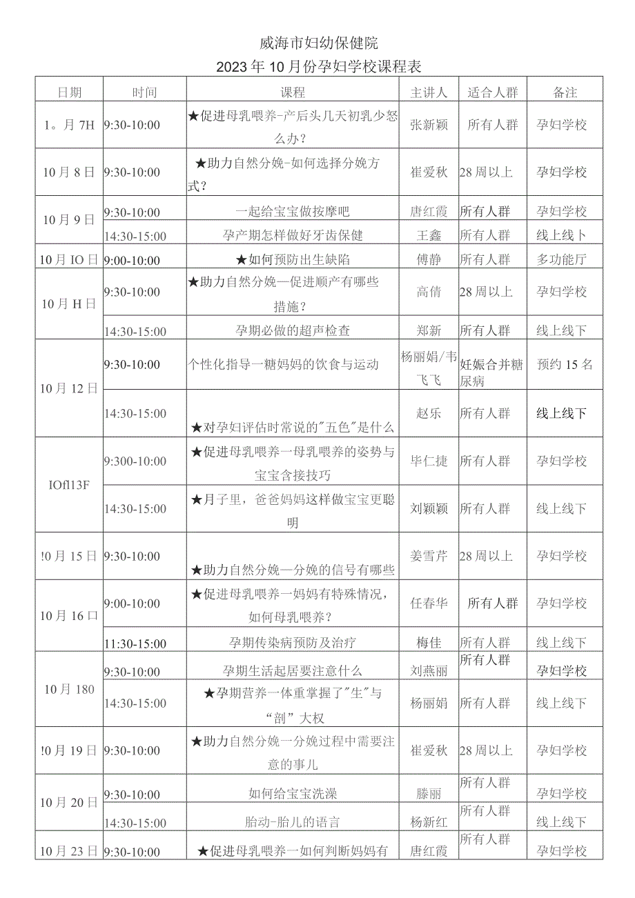 威海市妇幼保健院2023年10月份孕妇学校课程表.docx_第1页