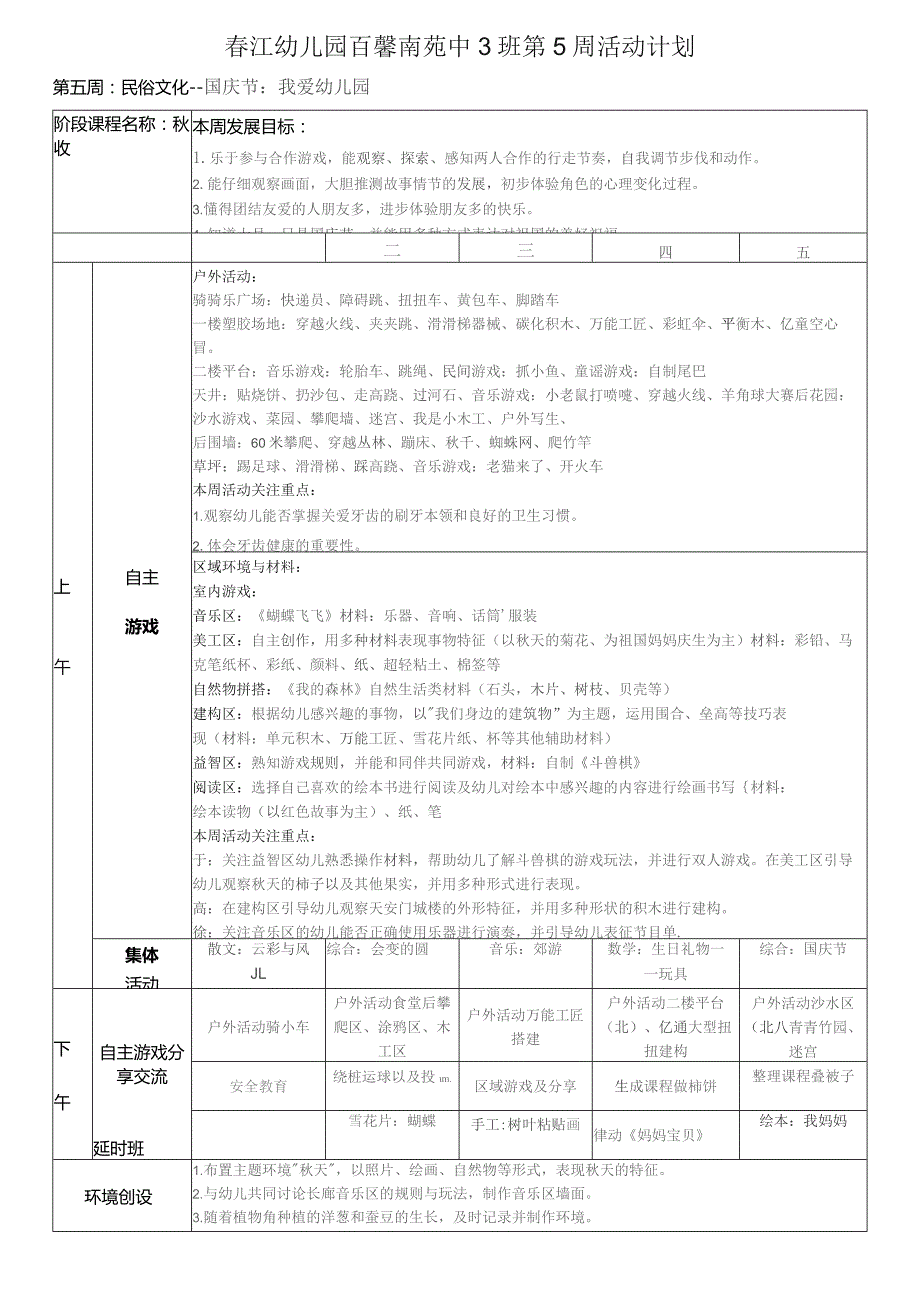 春江幼儿园百馨南苑中3班第5周活动计划表第五周民俗文化——国庆节我爱幼儿园.docx_第1页