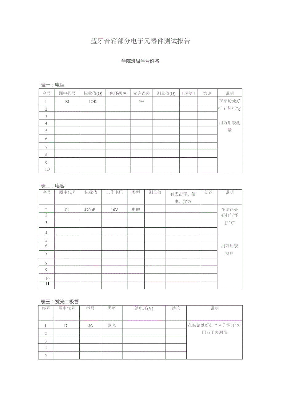 蓝牙音箱部分电子元器件测试报告.docx_第1页