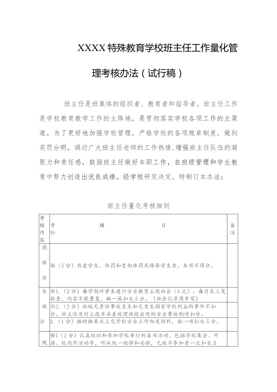 特殊教育学校班主任工作量化管理考核办法（试行稿）.docx_第1页