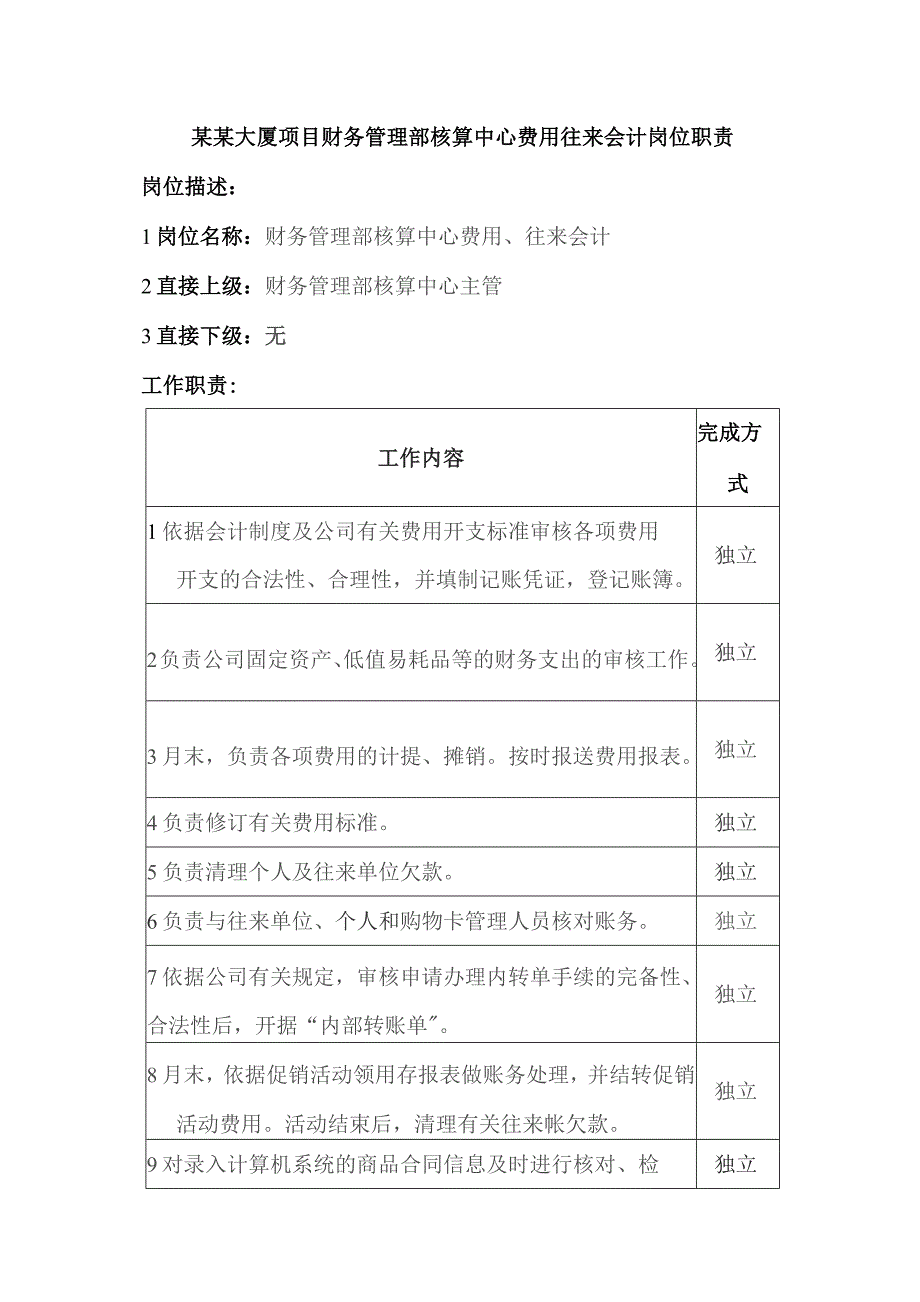 某某大厦项目财务管理部核算中心费用往来会计岗位职责.docx_第1页