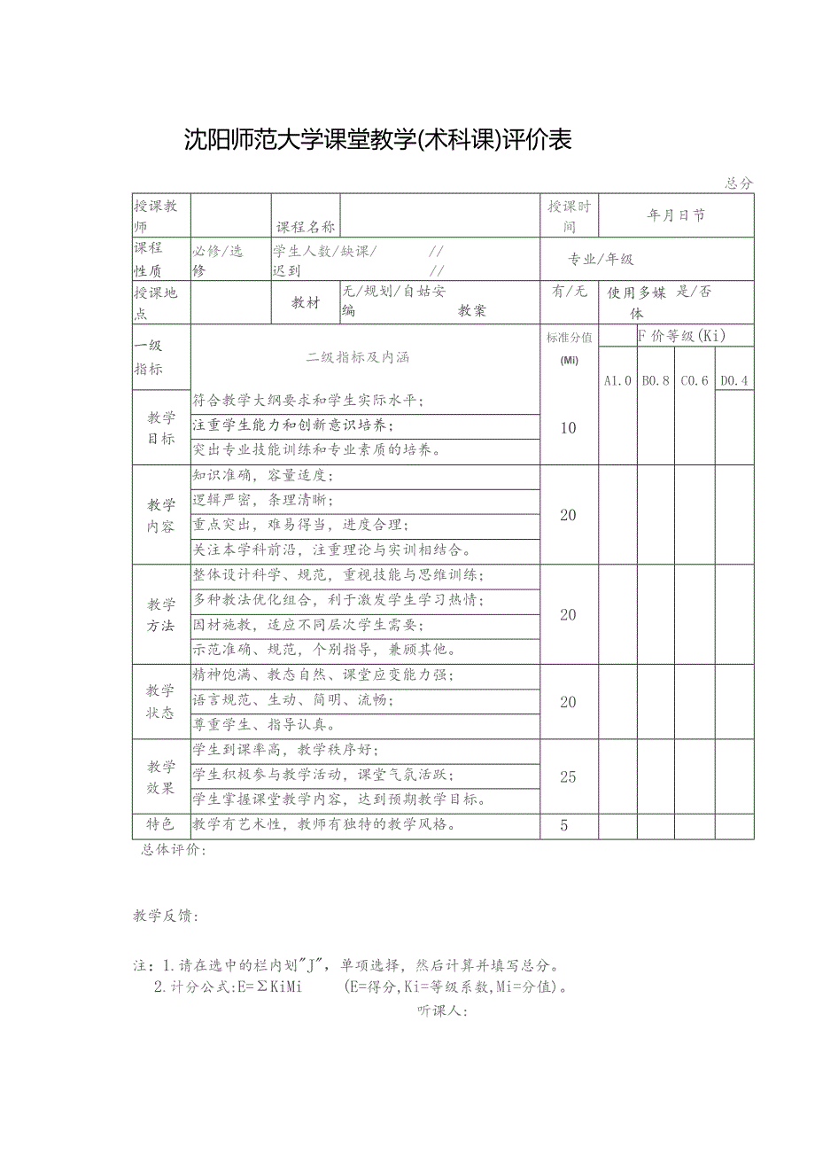 沈阳师范大学课堂教学术科课评价表.docx_第1页