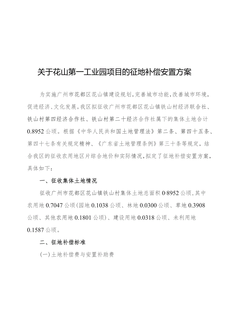 关于花山第一工业园项目的征地补偿安置方案.docx_第1页