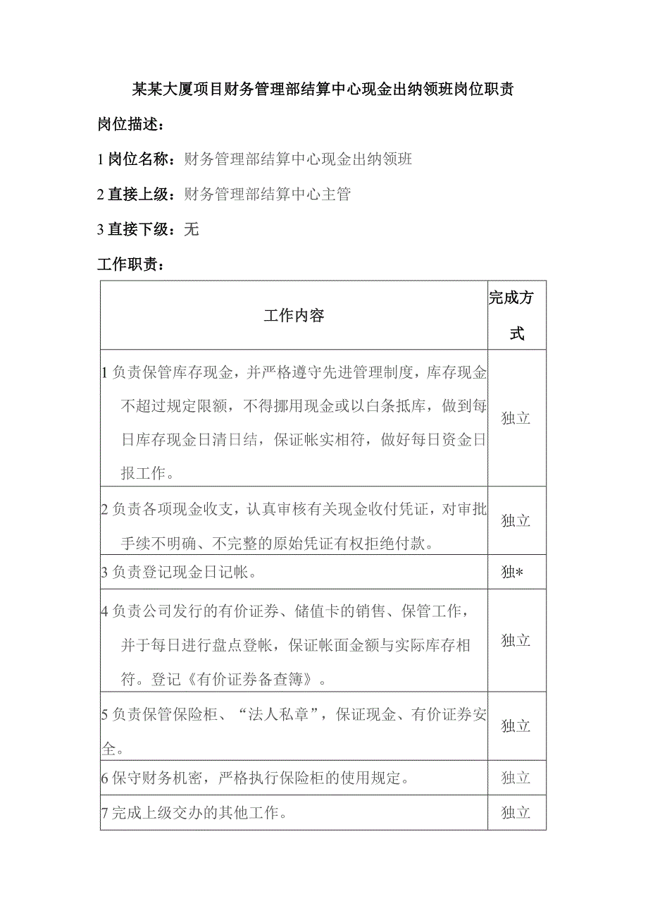 某某大厦项目财务管理部结算中心现金出纳领班岗位职责.docx_第1页