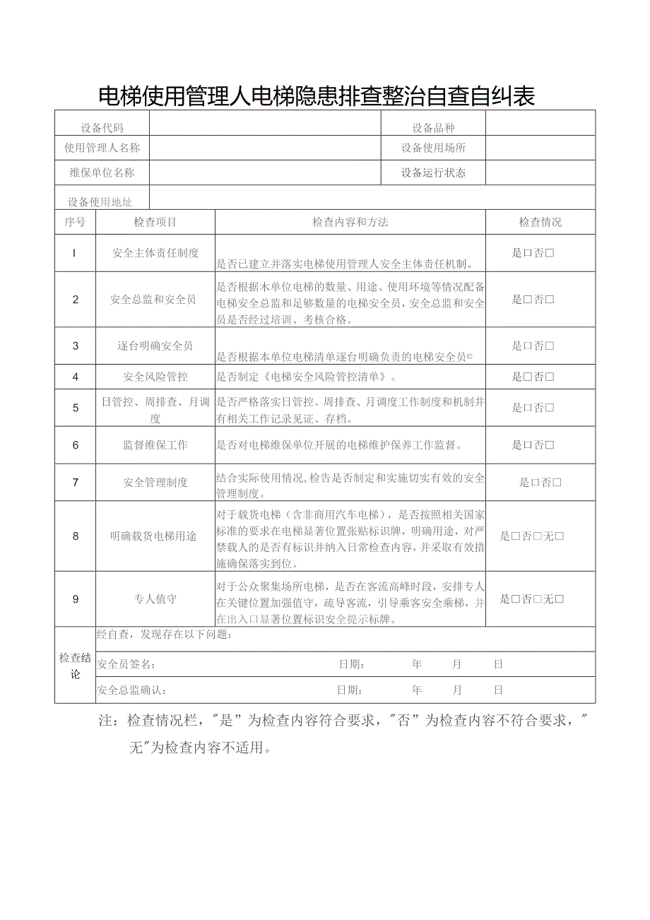 电梯使用管理人电梯隐患排查整治自查自纠表.docx_第1页