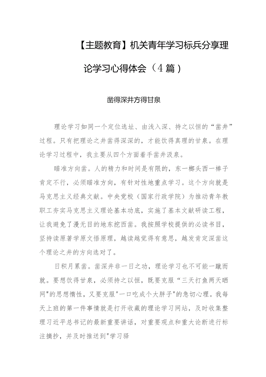 【主题教育】机关青年学习标兵分享理论学习心得体会（4篇）.docx_第1页