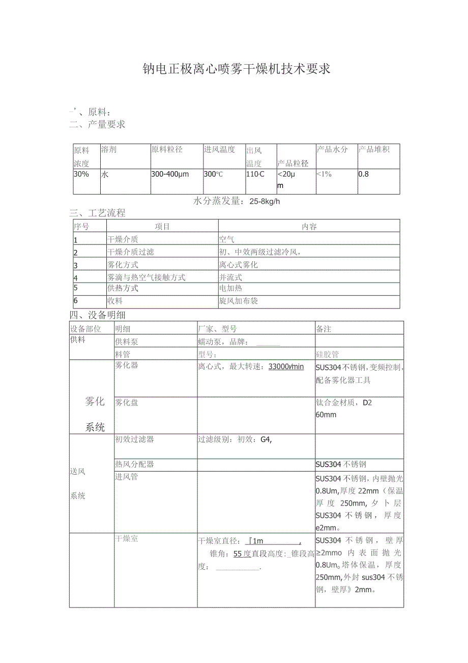 钠电正极离心喷雾干燥机技术要求.docx_第1页