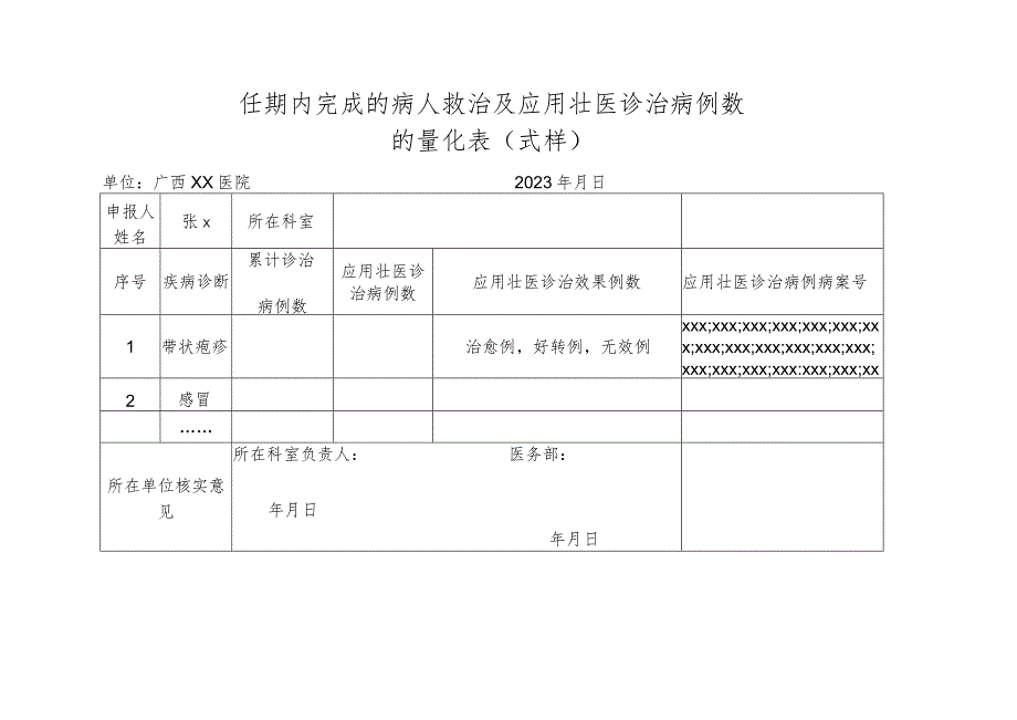 任期内完成的病人救治及应用壮医诊治病例数的量化表式样.docx_第1页