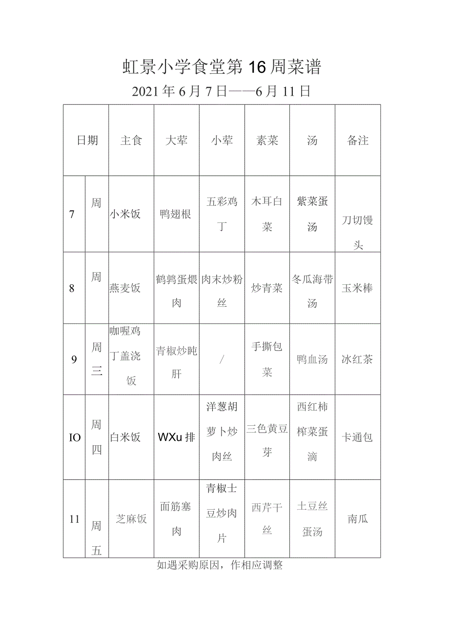 虹景小学食堂第16周菜谱.docx_第1页