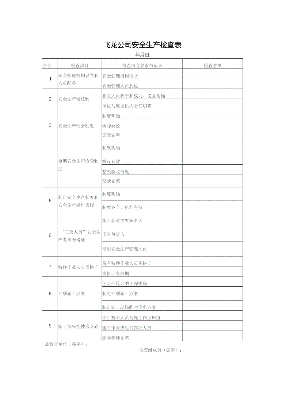 飞龙公司安全生产检查表.docx_第1页