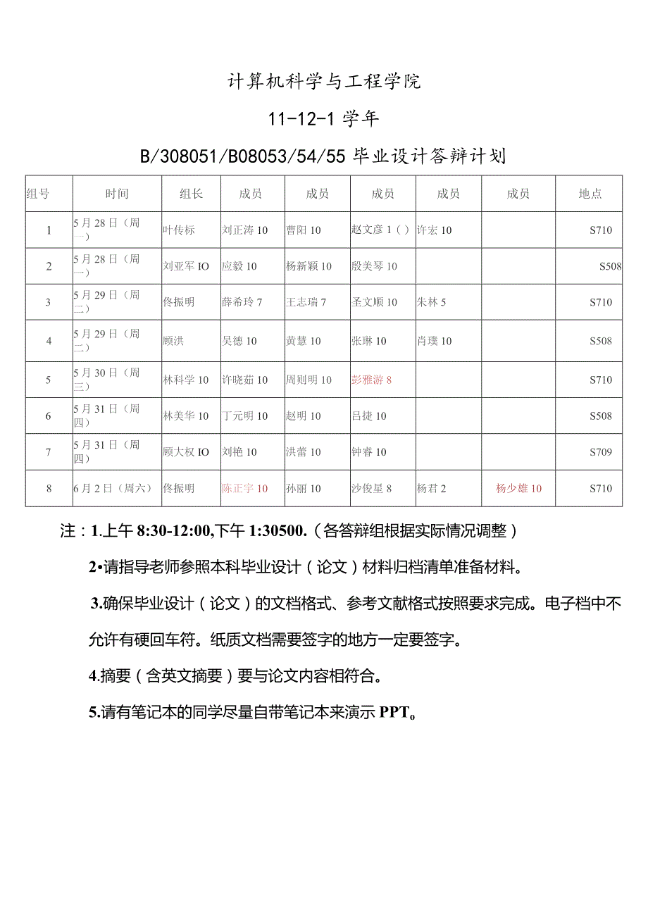 计算机科学与工程学院11－12－1学年B308051B080535455毕业设计答辩计划.docx_第1页