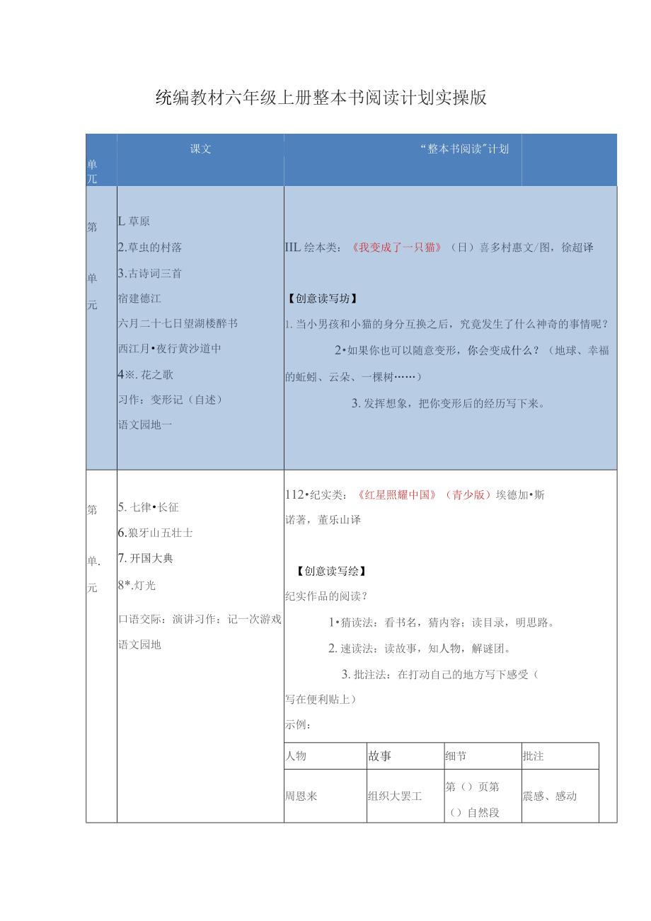 统编教材六年级上册整本书阅读计划实操版.docx_第1页