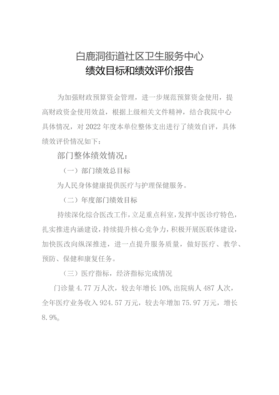 白鹿洞街道社区卫生服务中心绩效目标和绩效评价报告.docx_第1页