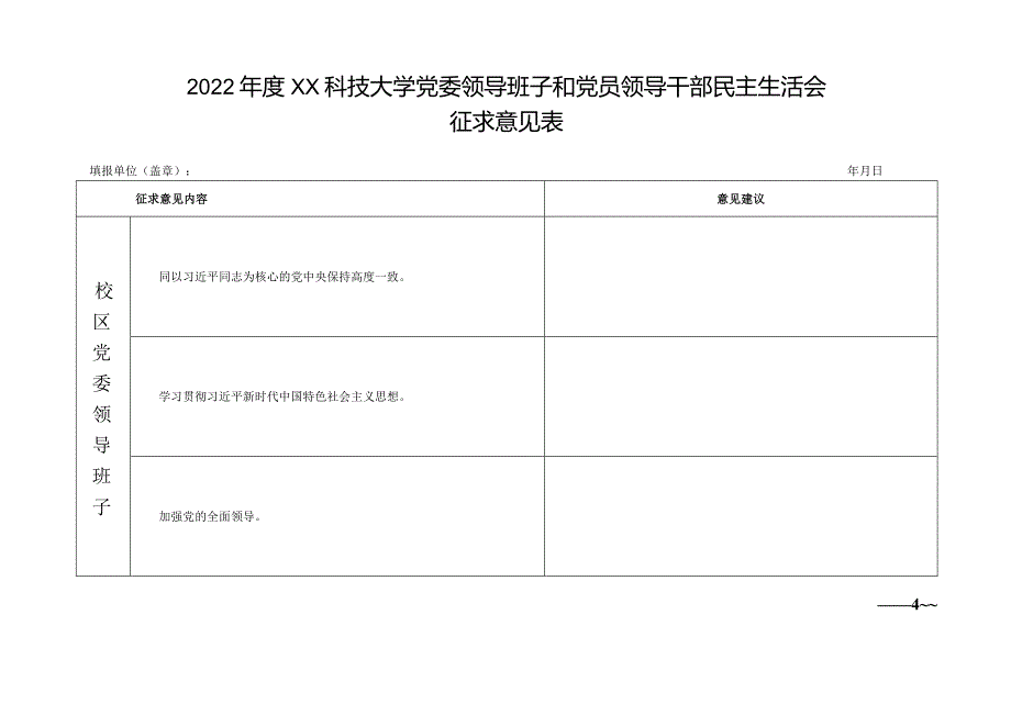 2022年度XX科技大学党委领导班子和党员领导干部民主生活会征求意见表（2023年）.docx_第1页