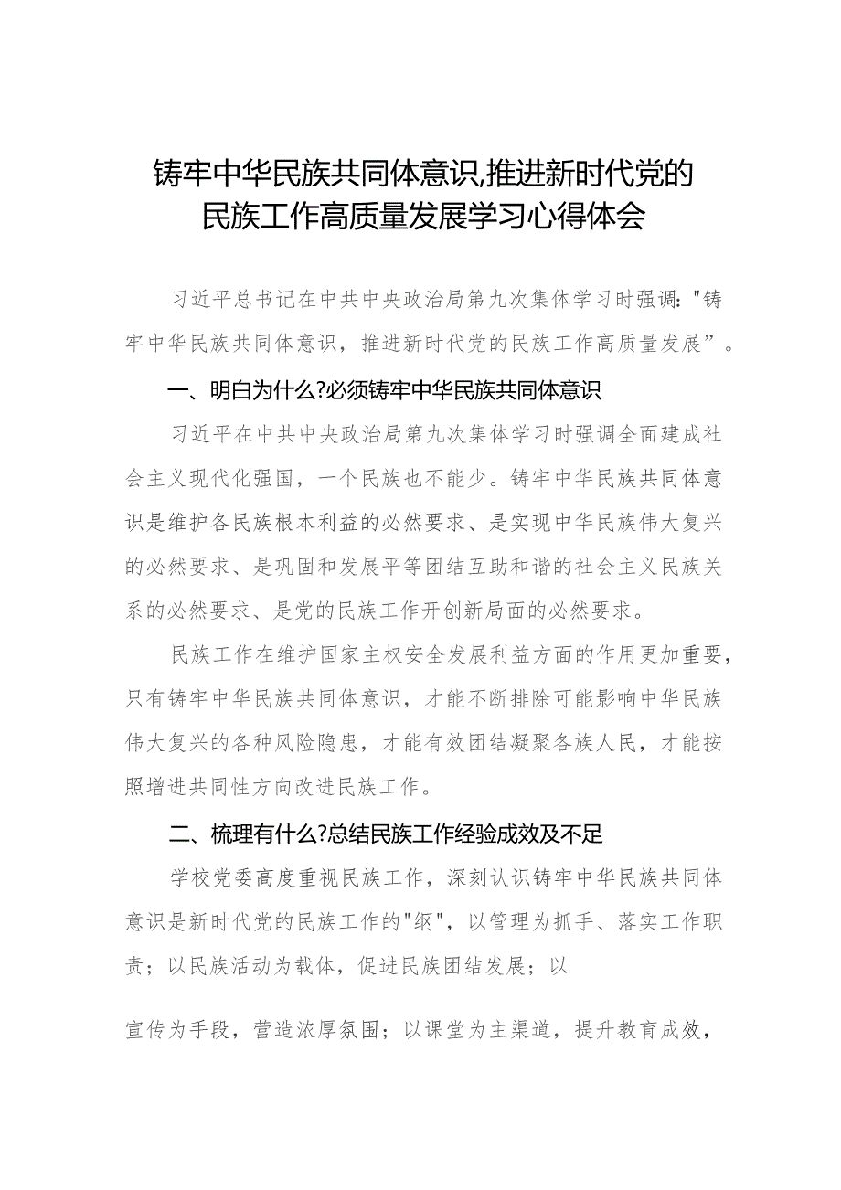 学习《铸牢中华民族共同体意识,推进新时代党的民族工作高质量发展》研讨发言材料九篇.docx_第1页