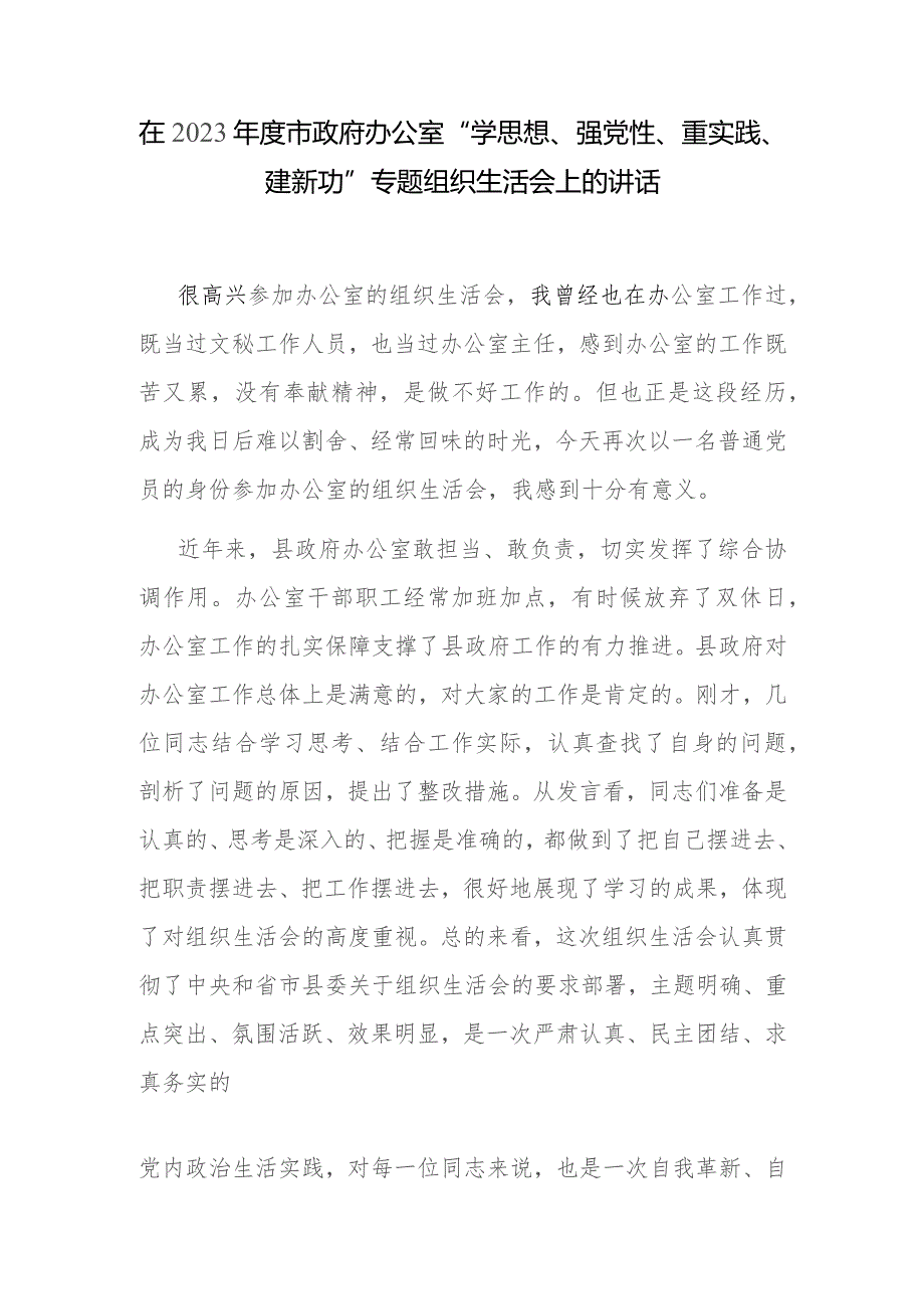 2023年度在政府办公室“学思想、强党性、重实践、建新功”专题组织生活会上的讲话发言.docx_第2页