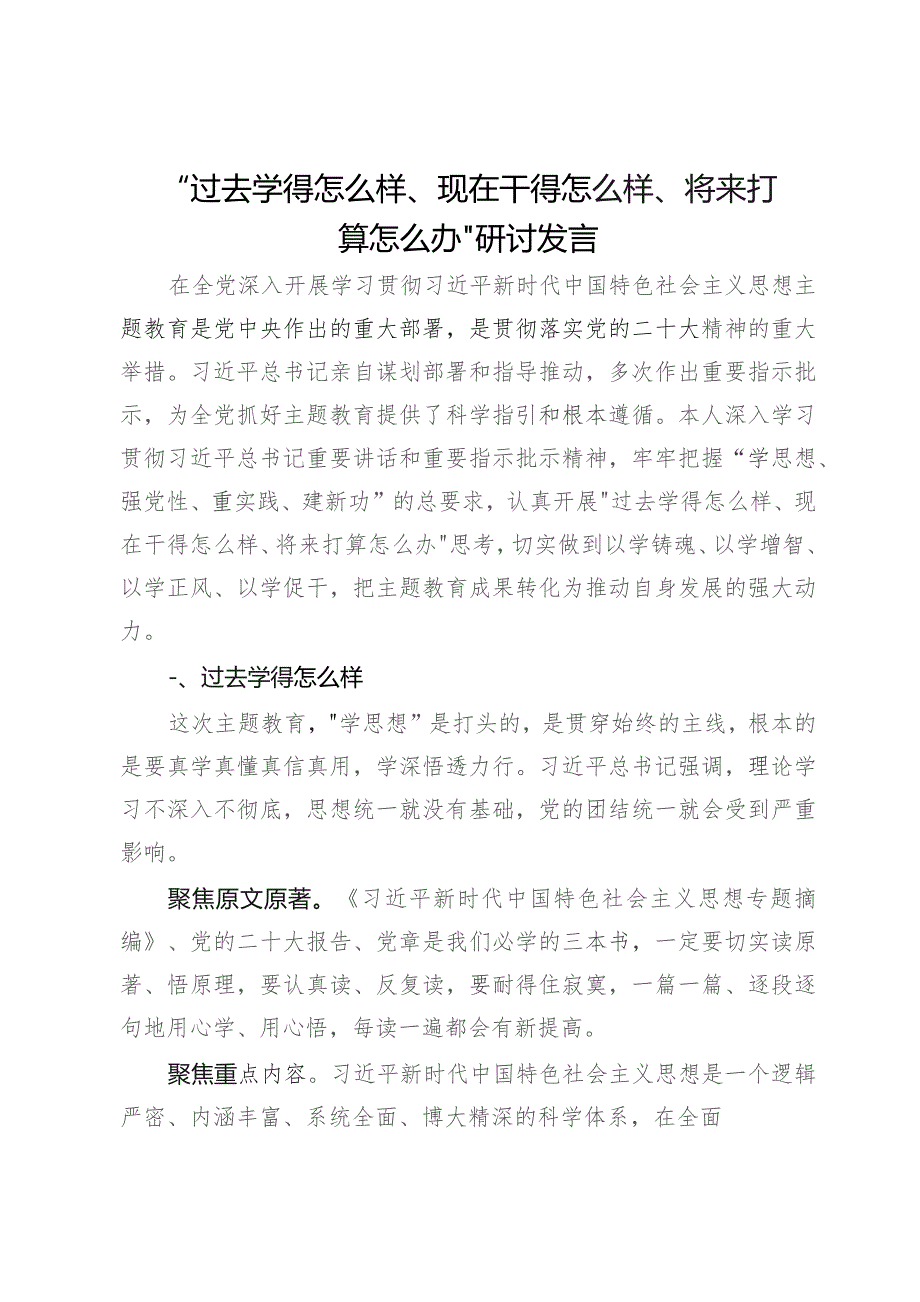 主题教育“三问”“过去学得怎么样、现在干得怎么样、将来打算怎么办”研讨发言.docx_第1页