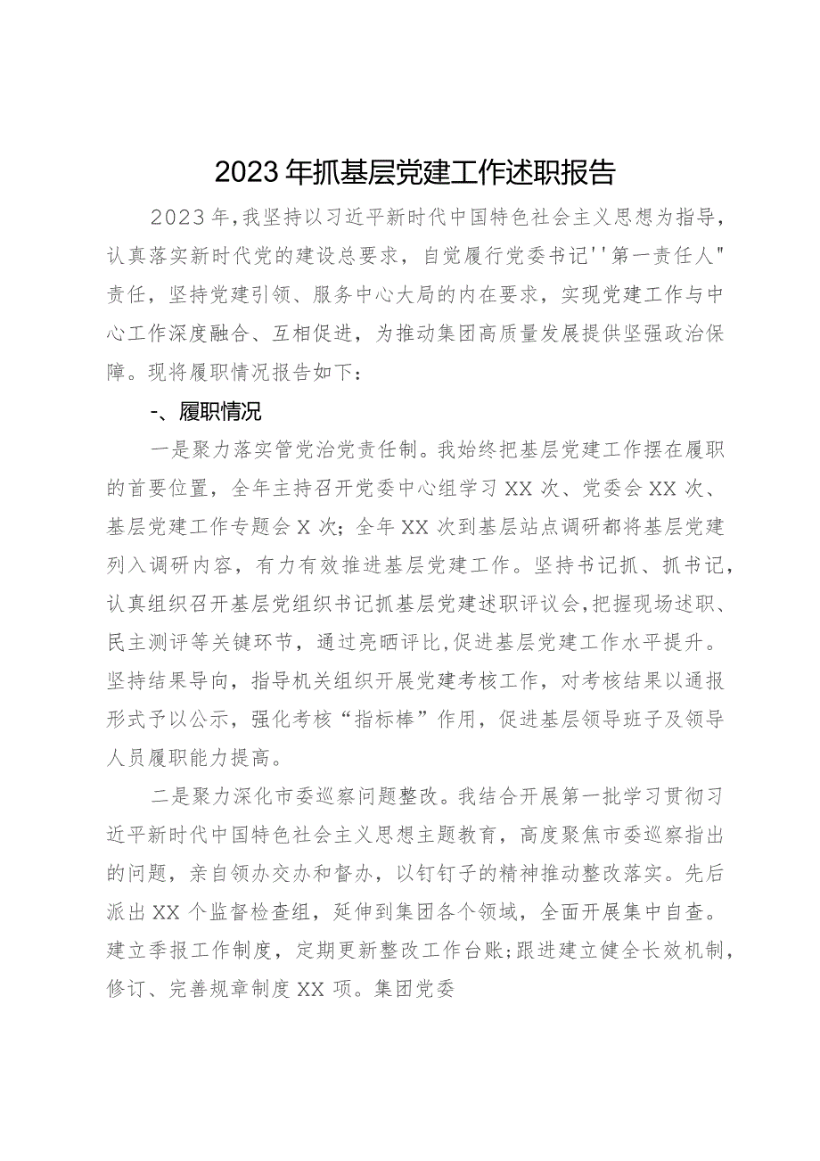 公司党委书记2023年抓基层党建工作述职报告.docx_第1页