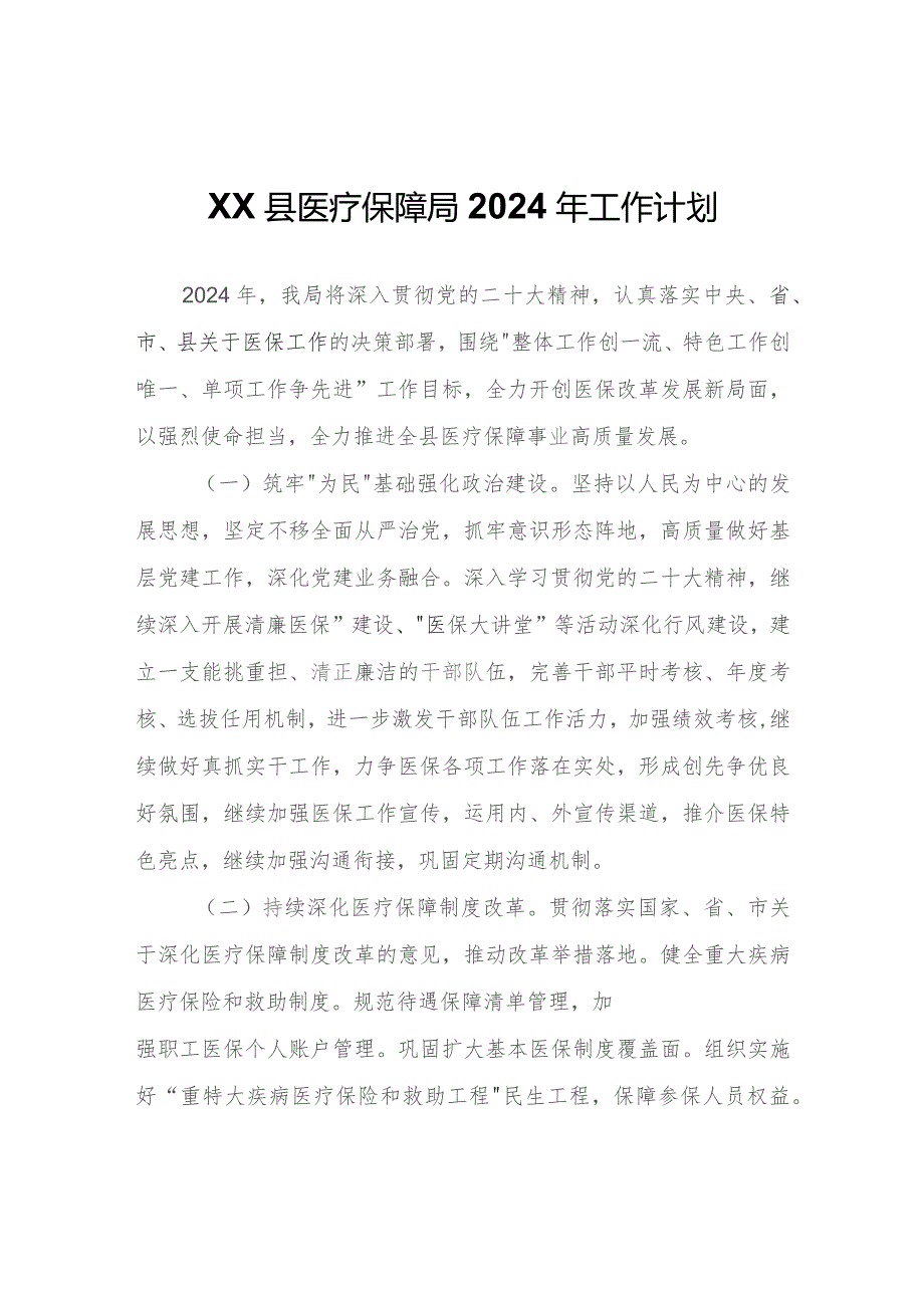 XX县医疗保障局2024年工作计划.docx_第1页