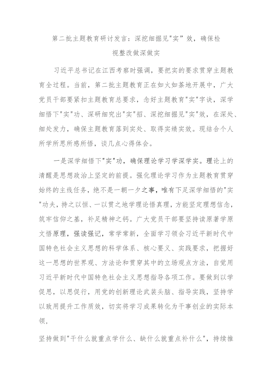 第二批主题教育研讨发言：深挖细掘见“实”效确保检视整改做深做实.docx_第1页