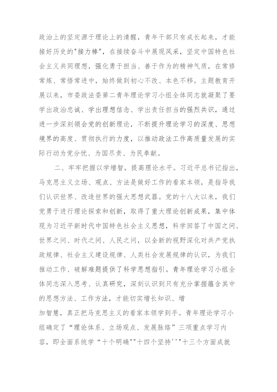 在政法委机关青年干部主题教育读书班上的交流发言材料.docx_第2页